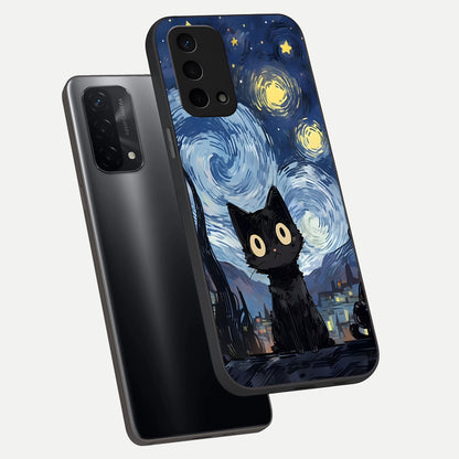  Van Gogh Cat phone case For Oppo A74 5G showing premium glass back cover with detailed artwork