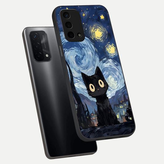  Van Gogh Cat phone case For Oppo A74 5G showing premium glass back cover with detailed artwork