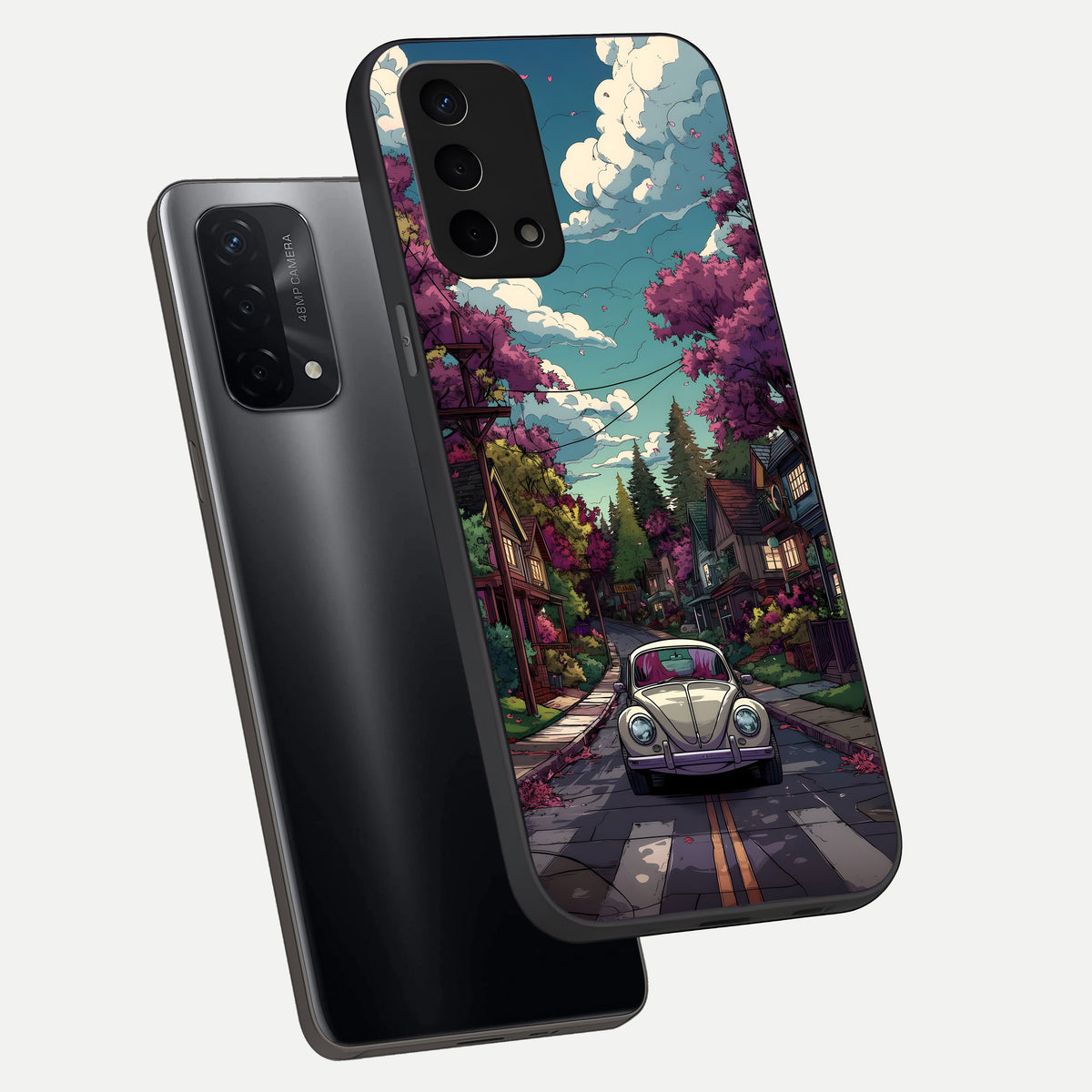  Vintage Street Drive phone case For Oppo A74 5G showing premium glass back cover with detailed artwork