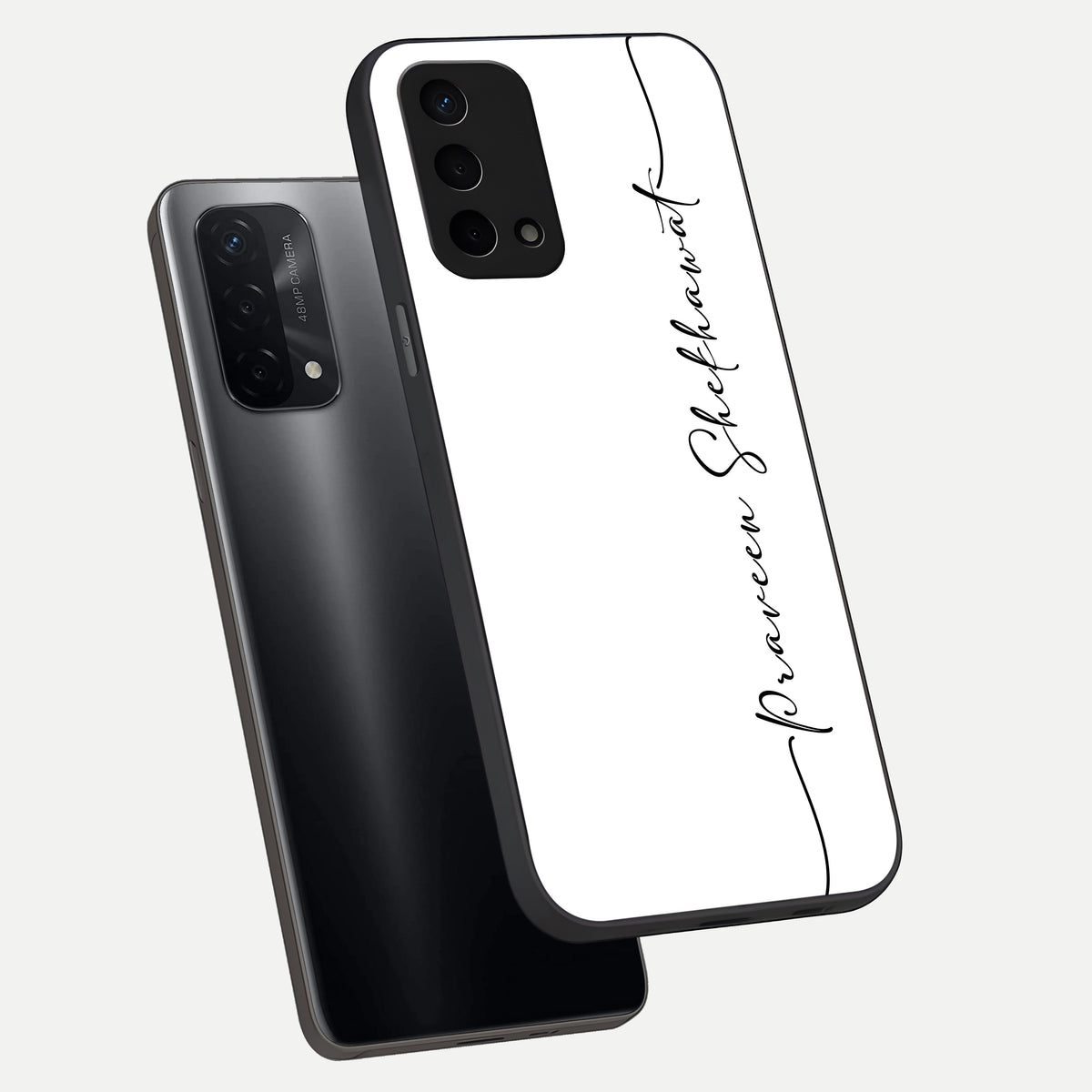  White Tune Custom Name phone case For Oppo A74 5G showing premium custom name glass back cover
