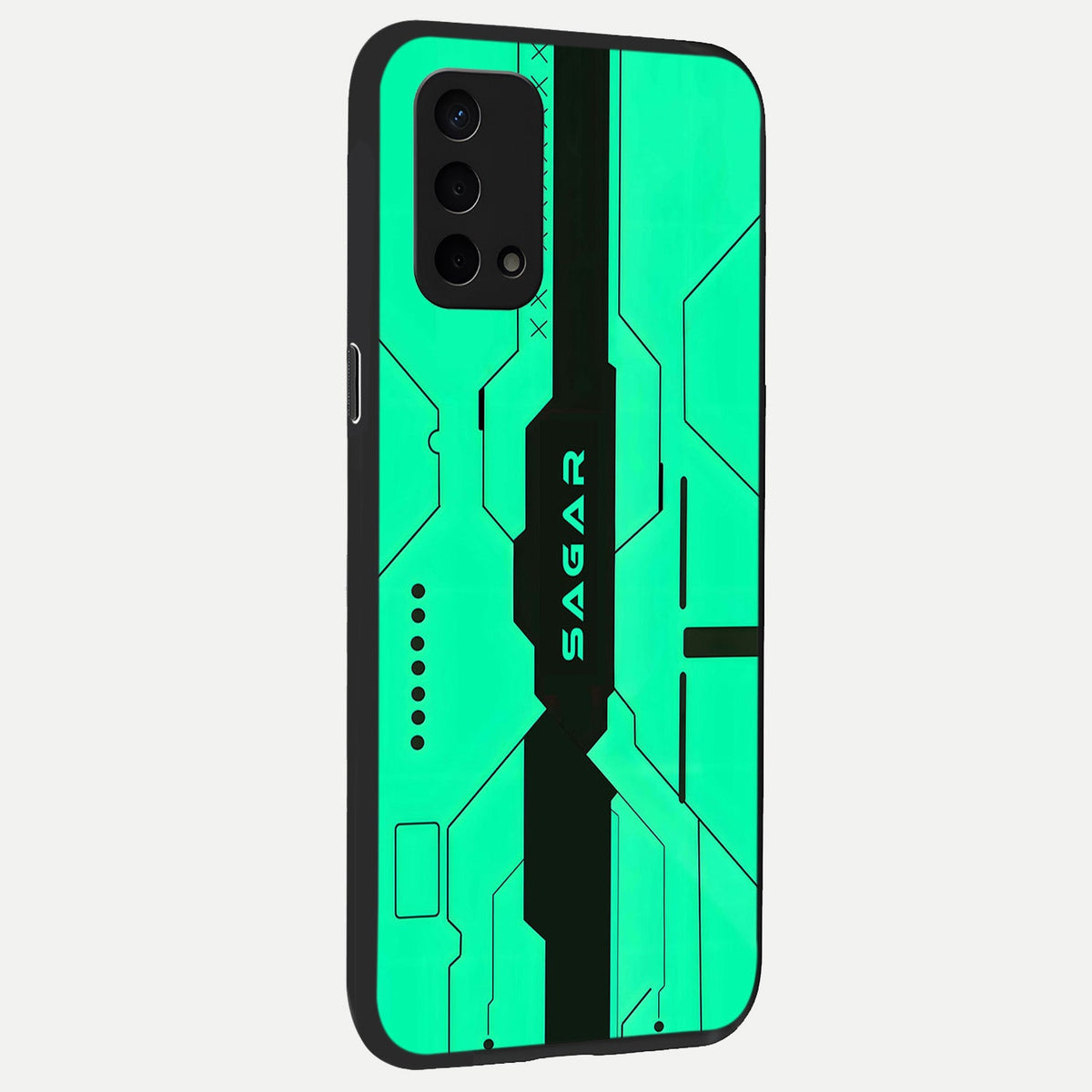  Aqua Tech CYBERPUNK Custom Name back cover For Oppo A74 5G slim fit glass case with vibrant aesthetic design