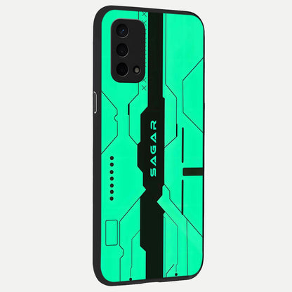  Aqua Tech CYBERPUNK Custom Name back cover For Oppo A74 5G slim fit glass case with vibrant aesthetic design