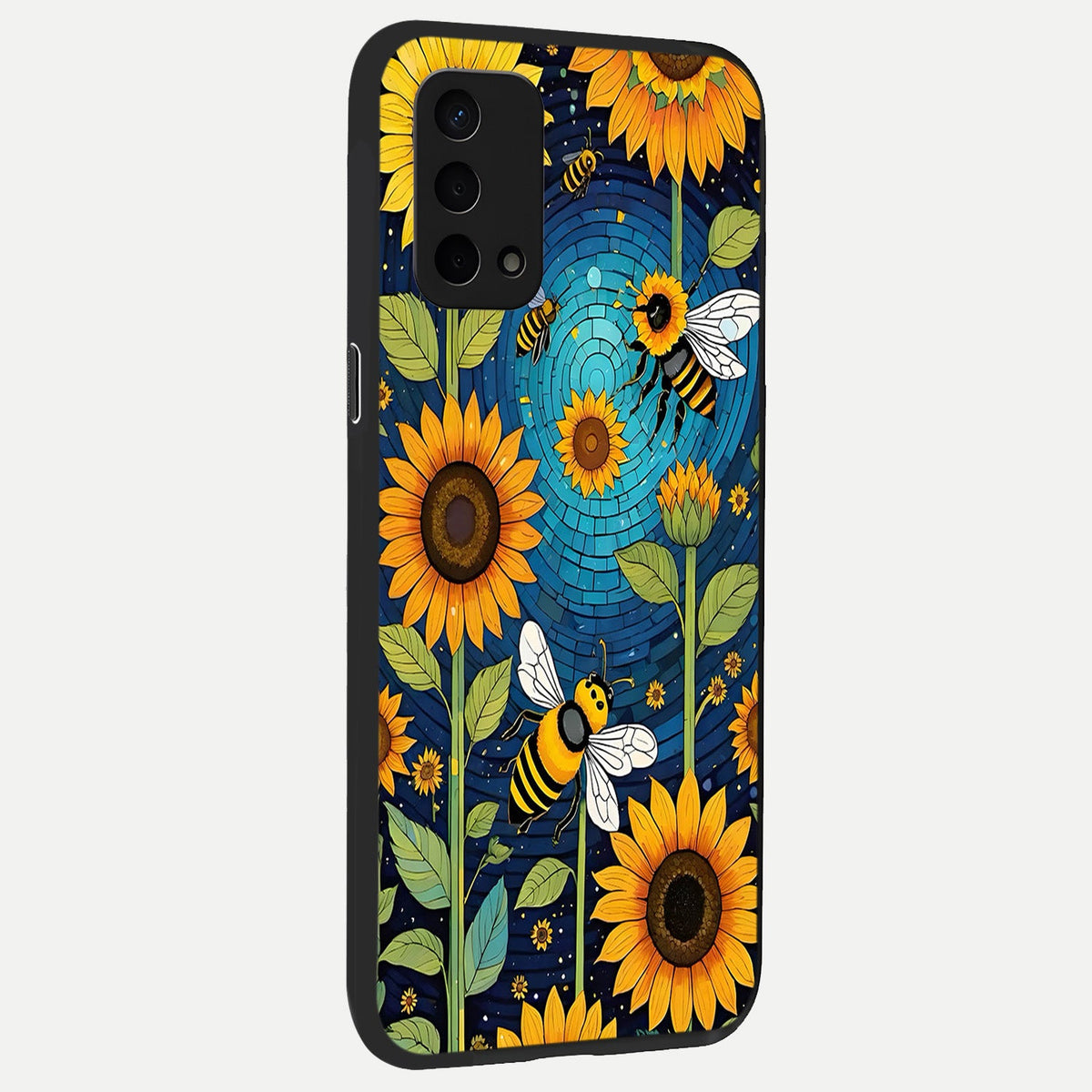  Bees And Sunflowers back cover For Oppo A74 5G slim fit glass case with vibrant aesthetic design