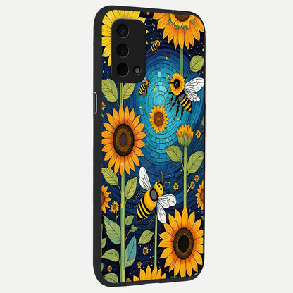  Bees And Sunflowers back cover For Oppo A74 5G slim fit glass case with vibrant aesthetic design