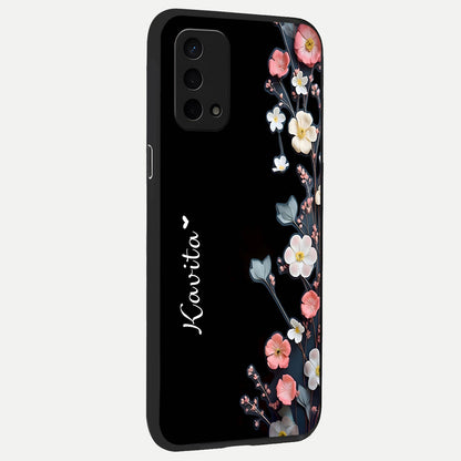  Black Elegance Floral Custom Name back cover For Oppo A74 5G slim fit glass case with vibrant aesthetic design
