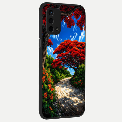  Red Trees Pathway back cover For Oppo A74 5G slim fit glass case with vibrant aesthetic design