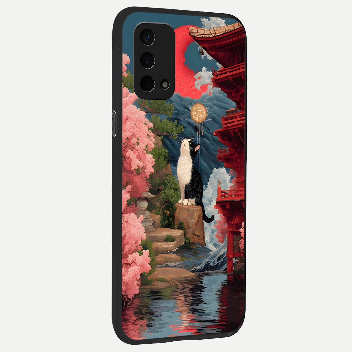  Temple Cat Scenery back cover For Oppo A74 5G slim fit glass case with vibrant aesthetic design