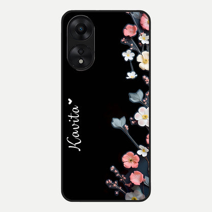  Black Elegance Floral Custom Name Glass Case For Oppo A78 5G back cover – full design glossy printed glass finish