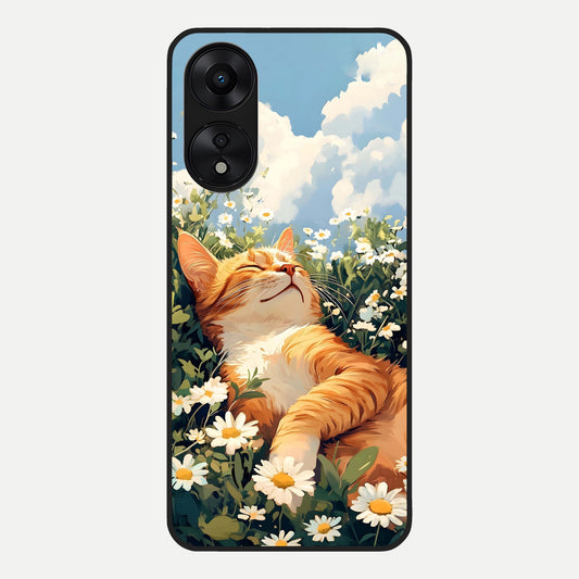  Cat And Flowers View Glass Case For Oppo A78 5G back cover – full design glossy printed glass finish