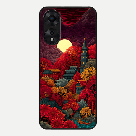  Scarlet Autumn Temple Glass Case For Oppo A78 5G back cover – full design glossy printed glass finish