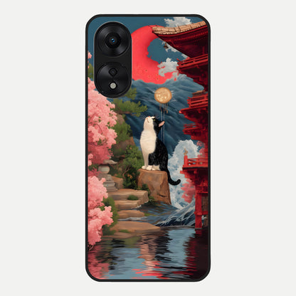  Temple Cat Scenery Glass Case For Oppo A78 5G back cover – full design glossy printed glass finish
