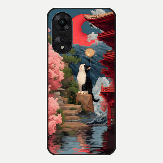  Temple Cat Scenery Glass Case For Oppo A78 5G back cover – full design glossy printed glass finish