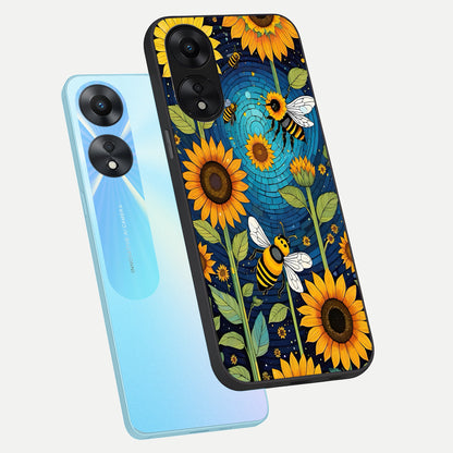  Bees And Sunflowers phone case For Oppo A78 5G showing premium glass back cover with detailed artwork