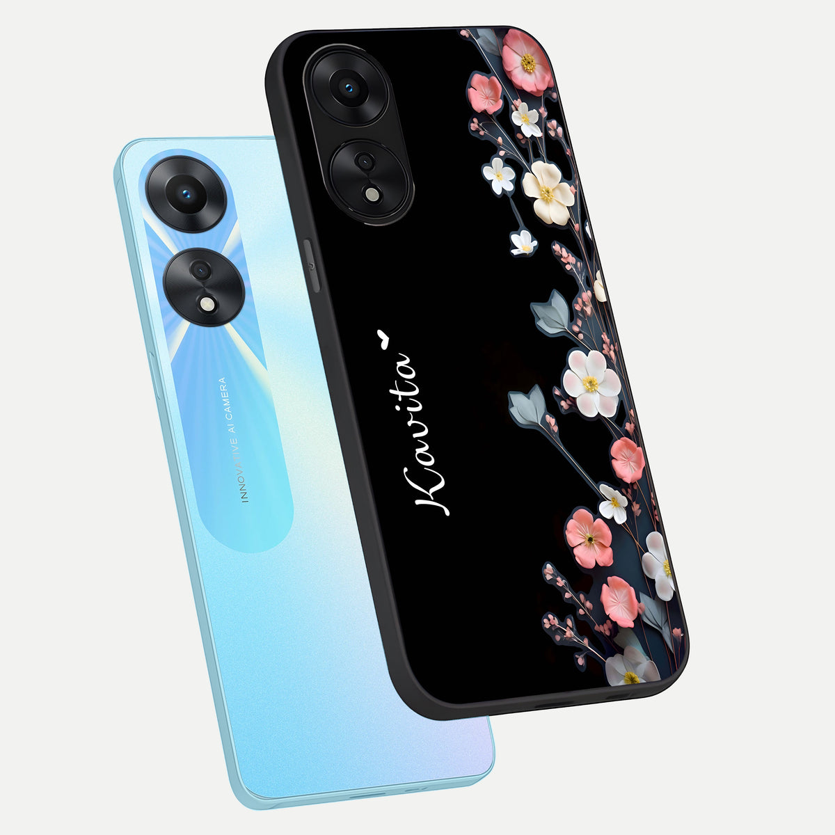  Black Elegance Floral Custom Name phone case For Oppo A78 5G showing premium glass back cover with detailed artwork