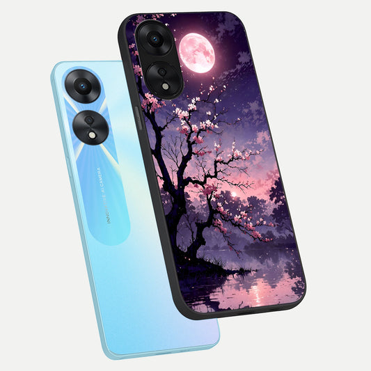  Blossom Pink Moon phone case For Oppo A78 5G showing premium glass back cover with detailed artwork