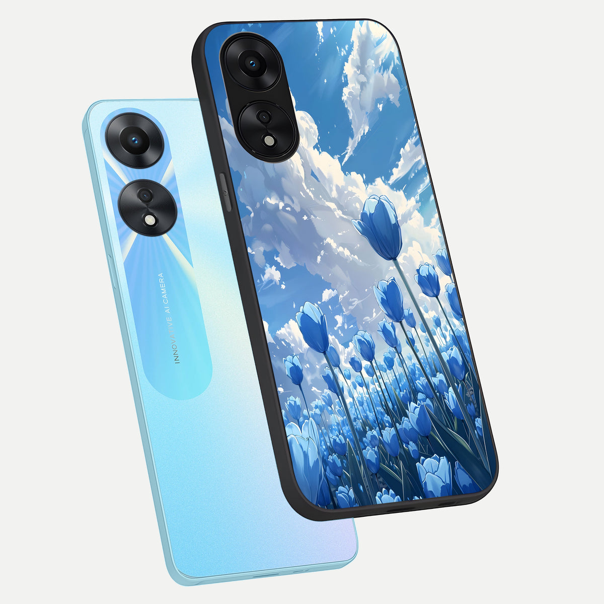  Blue Tulip Clouds phone case For Oppo A78 5G showing premium glass back cover with detailed artwork
