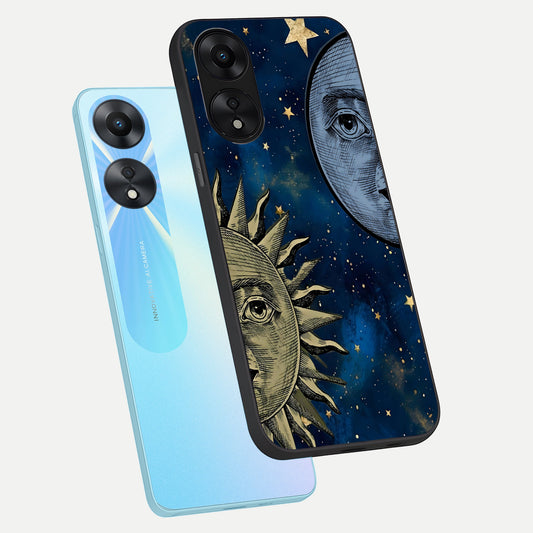  Celestial Moon With Sun phone case For Oppo A78 5G showing premium glass back cover with detailed artwork