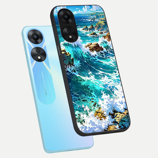  Coastal Blue Waves phone case For Oppo A78 5G showing premium glass back cover with detailed artwork