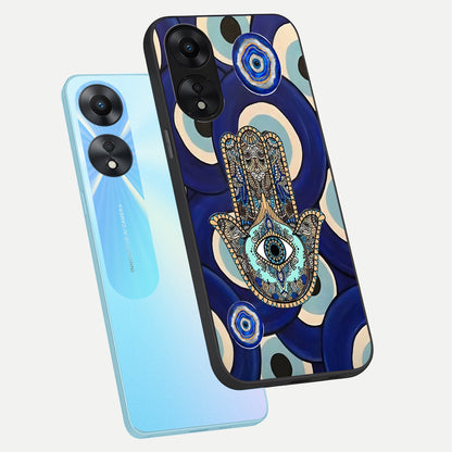  Hamsa Divine Guard phone case For Oppo A78 5G showing premium glass back cover with detailed artwork