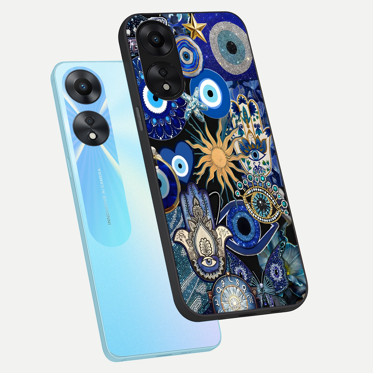 Mystic Blue Evil Eye phone case For Oppo A78 5G showing premium glass back cover with detailed artwork