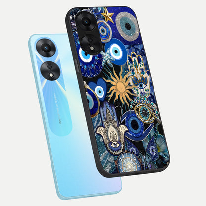  Mystic Blue Evil Eye phone case For Oppo A78 5G showing premium glass back cover with detailed artwork