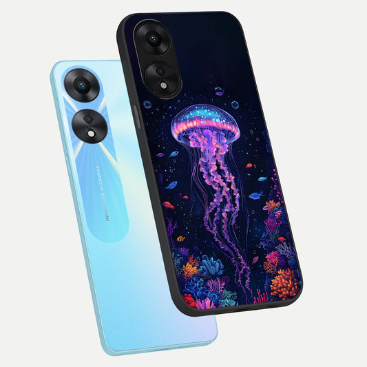  Neon Jellyfish phone case For Oppo A78 5G showing premium glass back cover with detailed artwork
