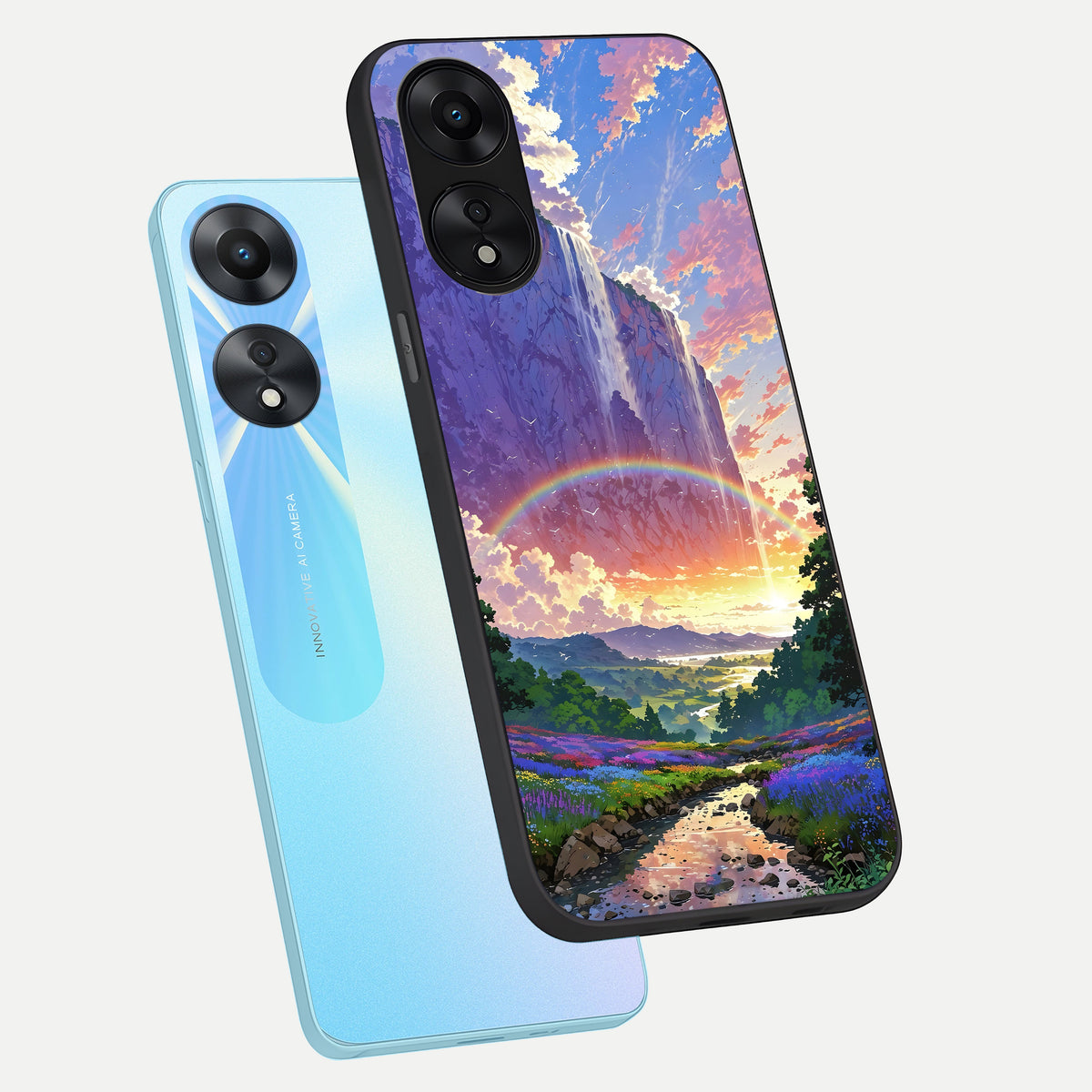  Rainbow Valley Dream phone case For Oppo A78 5G showing premium glass back cover with detailed artwork