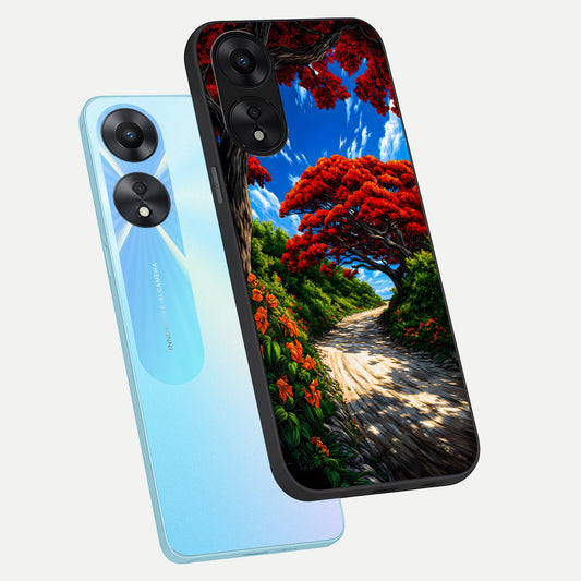  Red Trees Pathway phone case For Oppo A78 5G showing premium glass back cover with detailed artwork