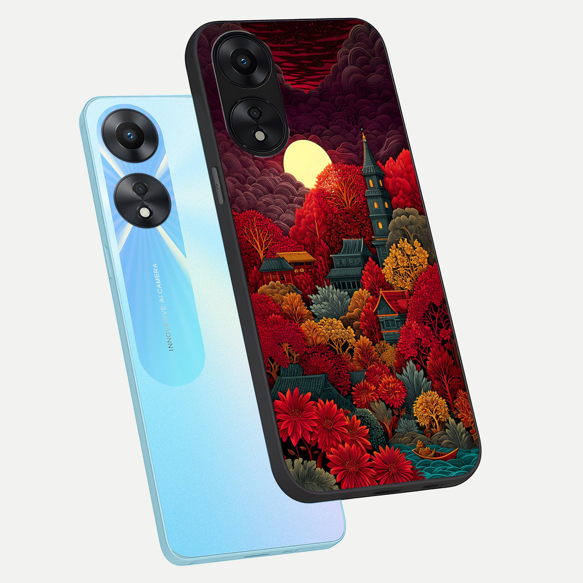  Scarlet Autumn Temple phone case For Oppo A78 5G showing premium glass back cover with detailed artwork