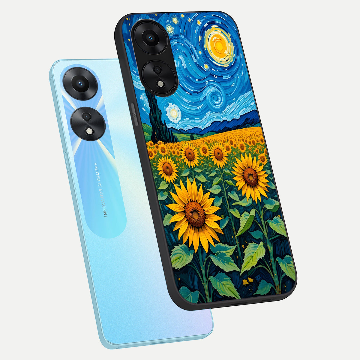  Starry Sunflower Dreams phone case For Oppo A78 5G showing premium glass back cover with detailed artwork