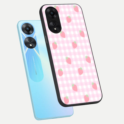  Strawberry Picnic Love phone case For Oppo A78 5G showing premium glass back cover with detailed artwork