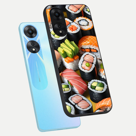  Sushi Food Pattern phone case For Oppo A78 5G showing premium glass back cover with detailed artwork