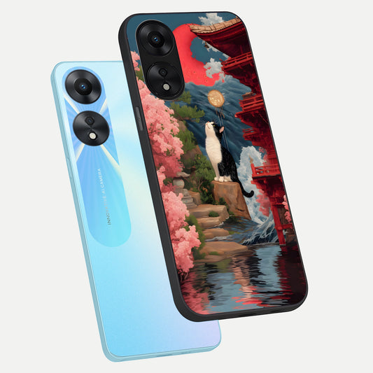  Temple Cat Scenery phone case For Oppo A78 5G showing premium glass back cover with detailed artwork