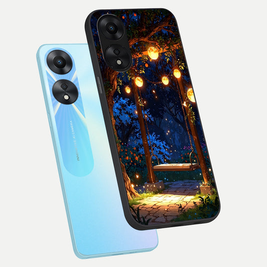  Twilight Garden Swing phone case For Oppo A78 5G showing premium glass back cover with detailed artwork