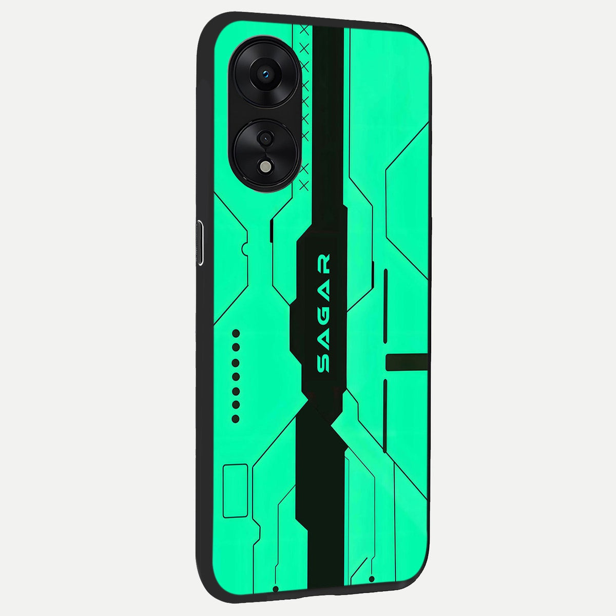  Aqua Tech CYBERPUNK Custom Name back cover For Oppo A78 5G slim fit glass case with vibrant aesthetic design