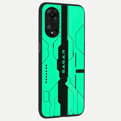  Aqua Tech CYBERPUNK Custom Name back cover For Oppo A78 5G slim fit glass case with vibrant aesthetic design