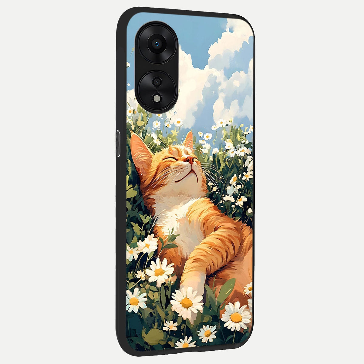  Cat And Flowers View back cover For Oppo A78 5G slim fit glass case with vibrant aesthetic design