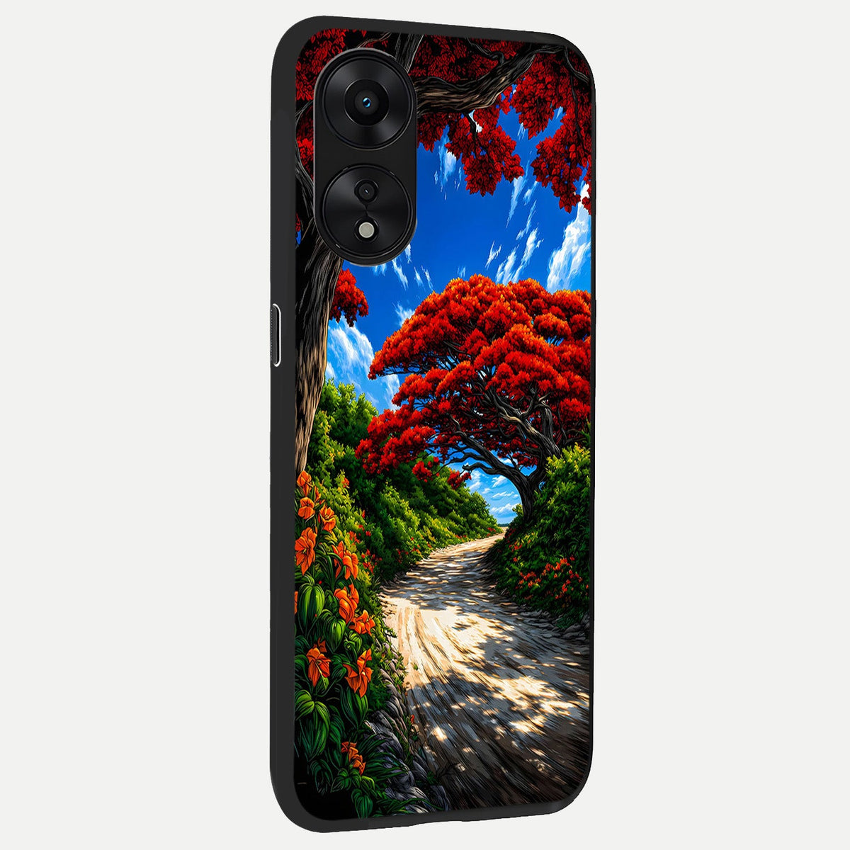 Red Trees Pathway back cover For Oppo A78 5G slim fit glass case with vibrant aesthetic design