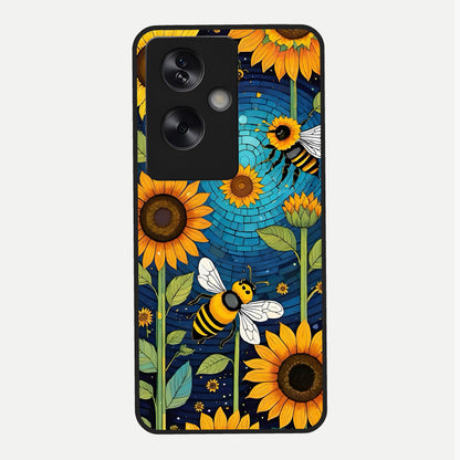  Bees And Sunflowers Glass Case For Oppo A79 back cover – full design glossy printed glass finish