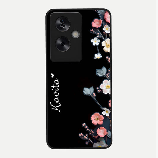  Black Elegance Floral Custom Name Glass Case For Oppo A79 back cover – full design glossy printed glass finish