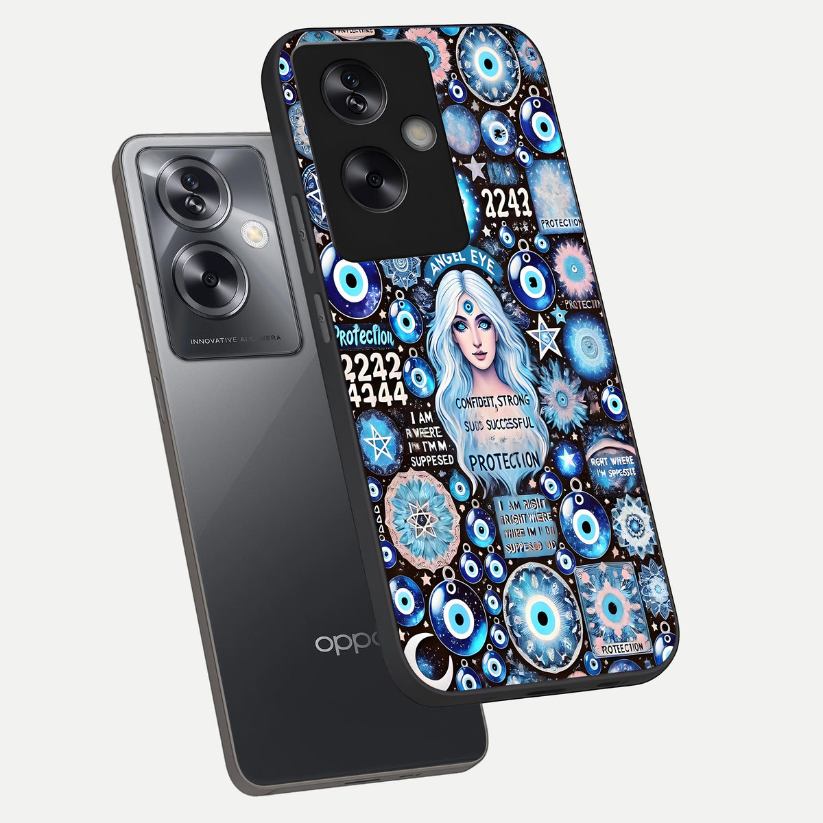  Angel Aura Shield phone case For Oppo A79 showing premium glass back cover with detailed artwork