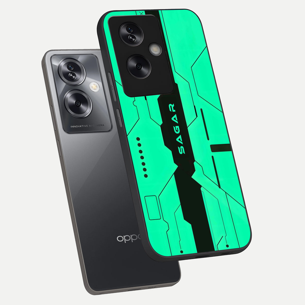  Aqua Tech CYBERPUNK Custom Name phone case For Oppo A79 showing premium glass back cover with detailed artwork