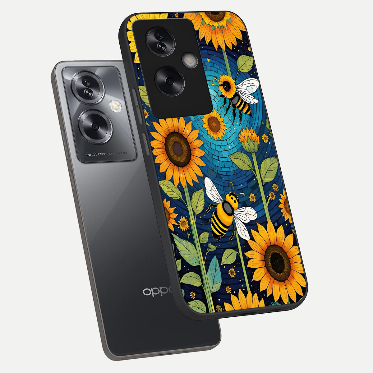  Bees And Sunflowers phone case For Oppo A79 showing premium glass back cover with detailed artwork