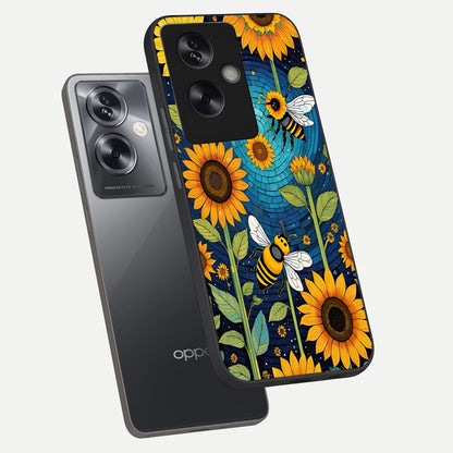  Bees And Sunflowers phone case For Oppo A79 showing premium glass back cover with detailed artwork