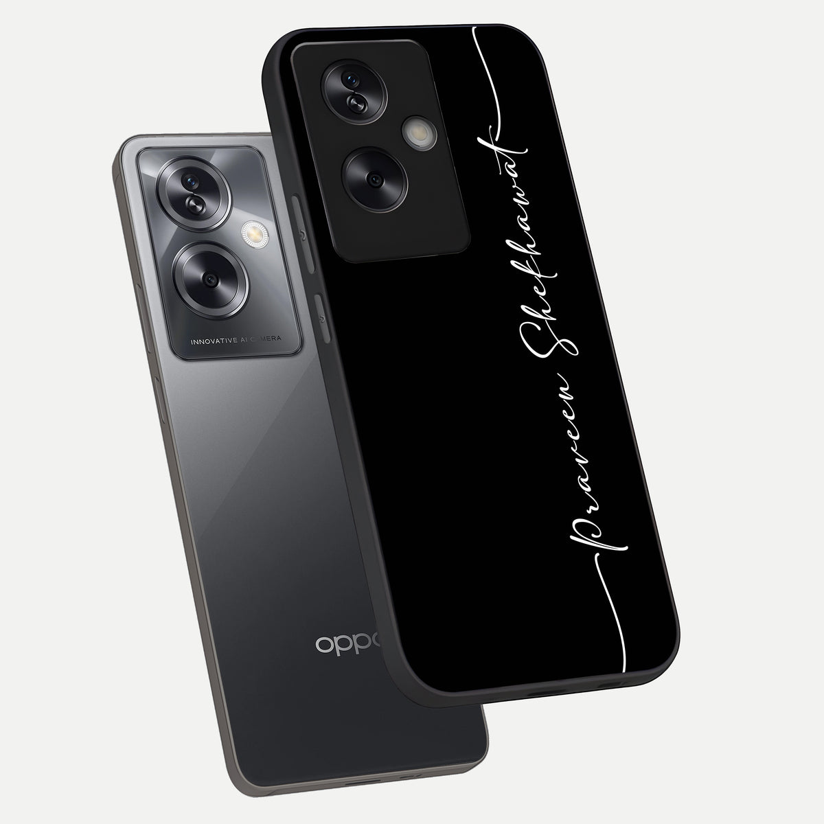  Black Tune Custom Name phone case For Oppo A79 showing premium glass back cover with detailed artwork