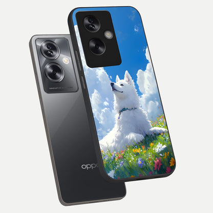  Blissful Cloud Pup phone case For Oppo A79 showing premium glass back cover with detailed artwork