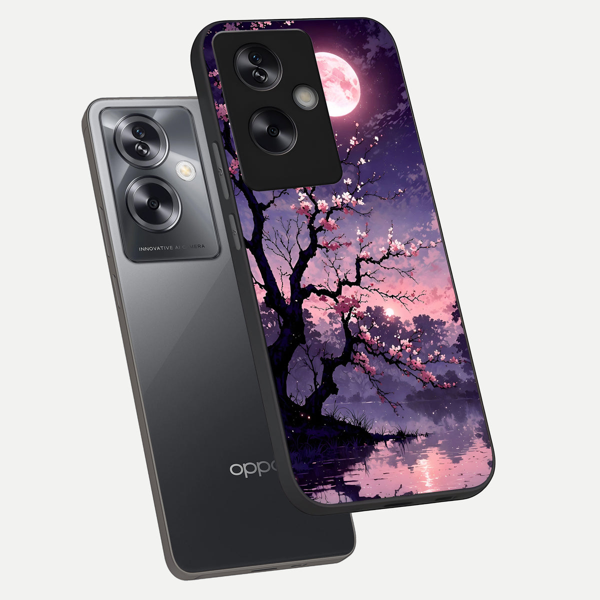  Blossom Pink Moon phone case For Oppo A79 showing premium glass back cover with detailed artwork
