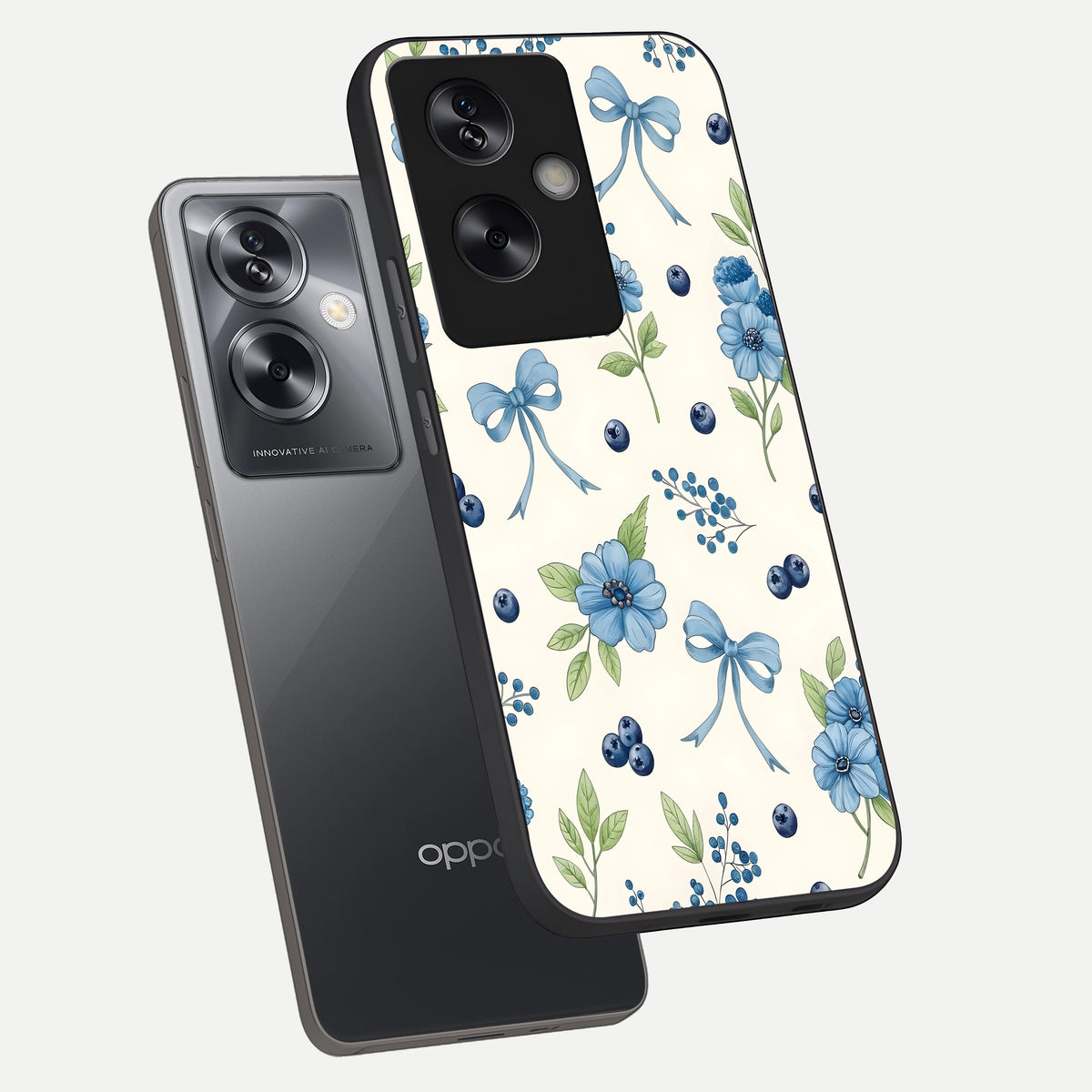  Blue Flower And Bow phone case For Oppo A79 showing premium glass back cover with detailed artwork
