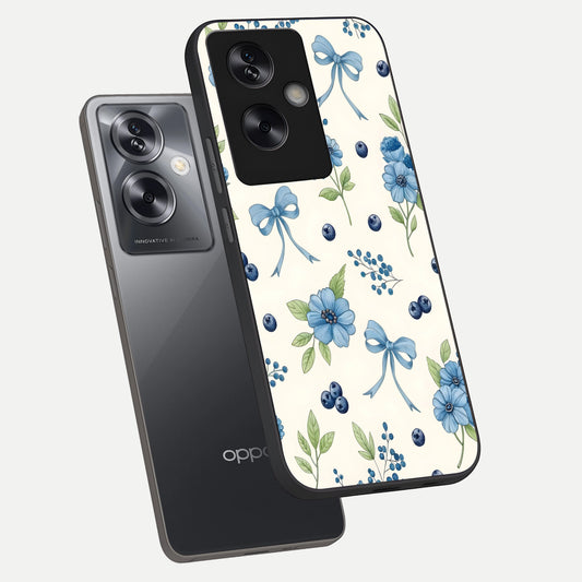  Blue Flower And Bow phone case For Oppo A79 showing premium glass back cover with detailed artwork