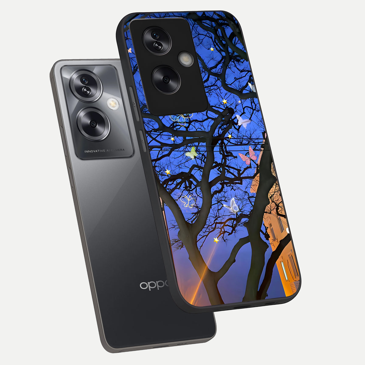  Butterfly Night Magic phone case For Oppo A79 showing premium glass back cover with detailed artwork